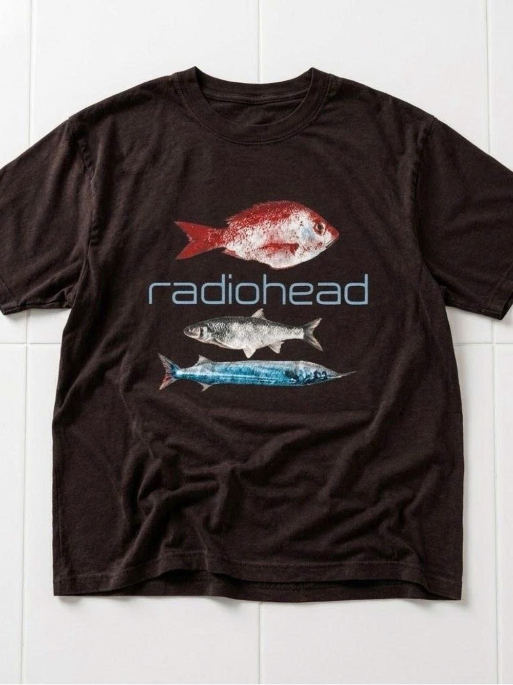 Vintage Radiohead Black T-Shirt with Red, White and Blue Fish Graphic